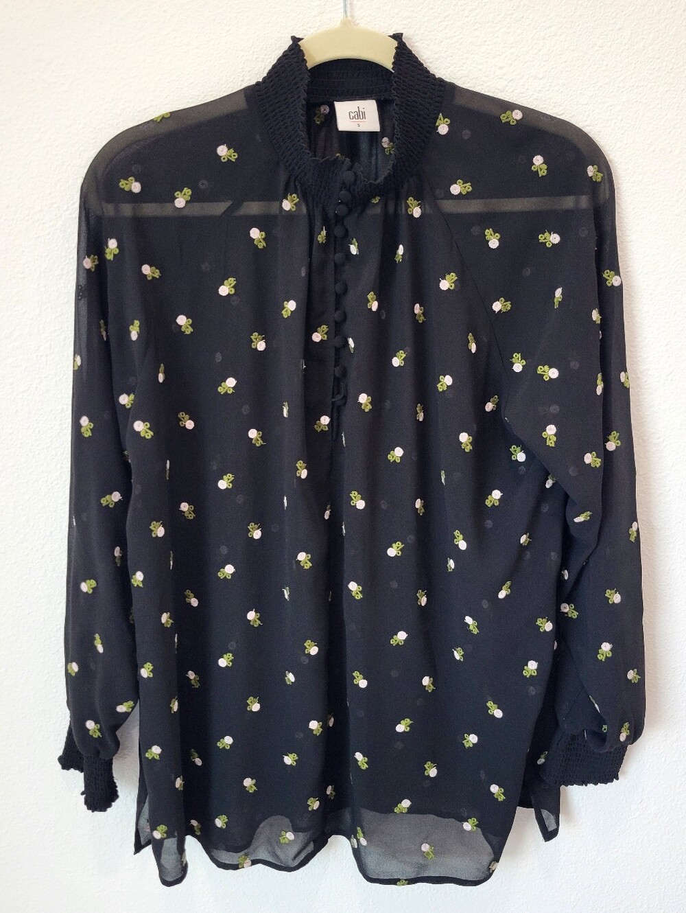 CAbi Sheer Embroidered Floral Blouse Womens Small Whimsigoth Mock Neck‎ Top